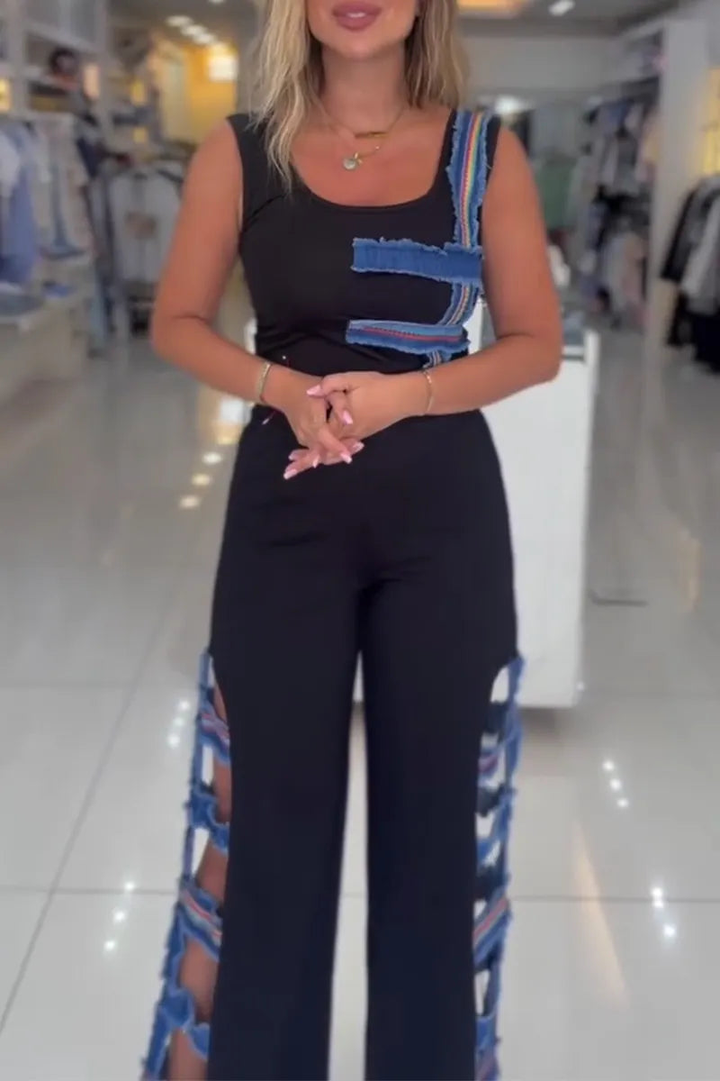 Women U-neck Spliced Denim Top+ Side Hollowed Out Spliced Denim Pants Casual Set