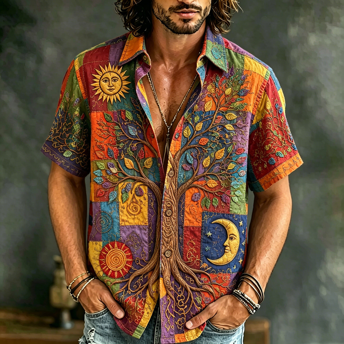 Men's Vintage Patchwork Tree Of Life Sun Moon Art Print Short Sleeve Shirt