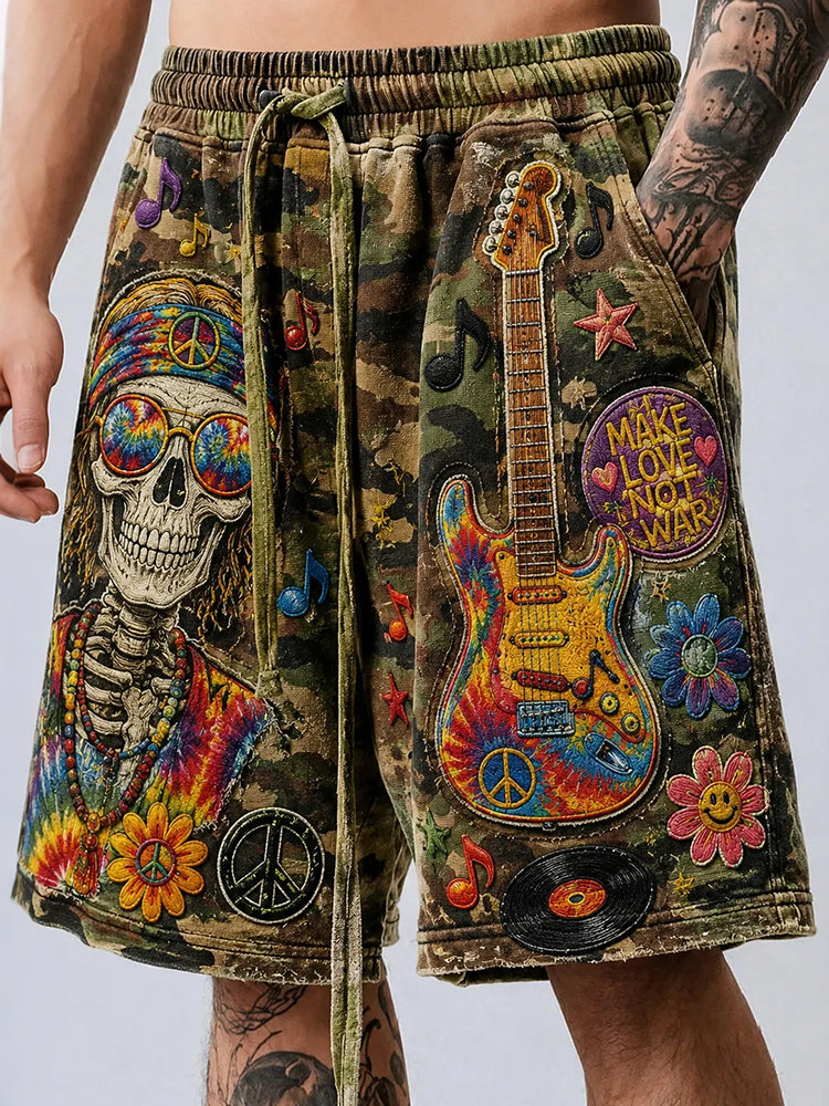 Men's Make Love Not War Skull Hippie Tie-dye Art Camo Print Casual Shorts