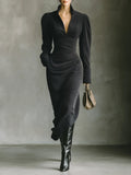 Black Corduroy V-Neck Waist Maxi Dress