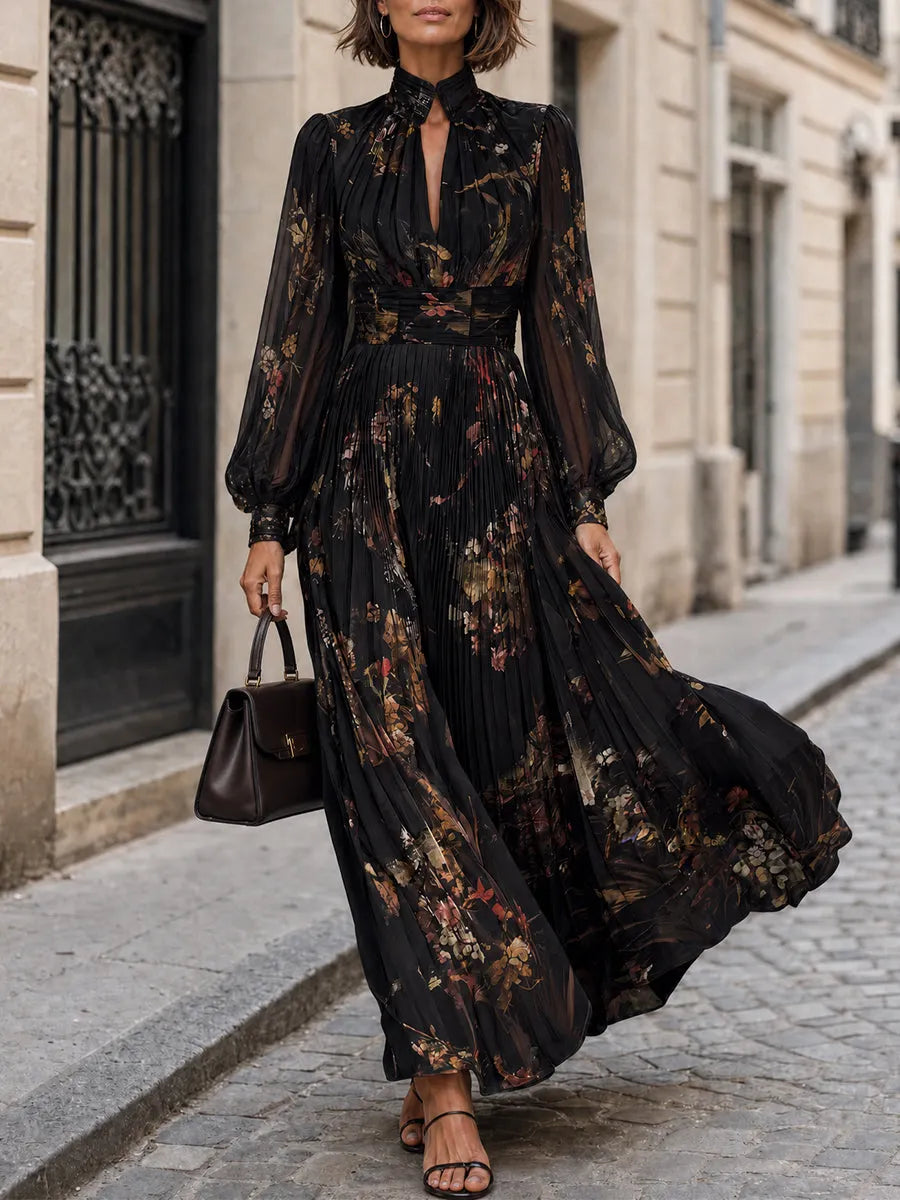 Black Elegance Long Sleeves Floral Print Pleated Maxi Dress