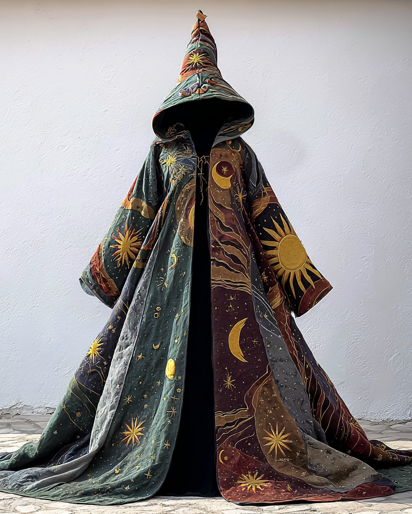 Star, moon, and sun three-dimensional embroidered contrasting color stitching cape d38b