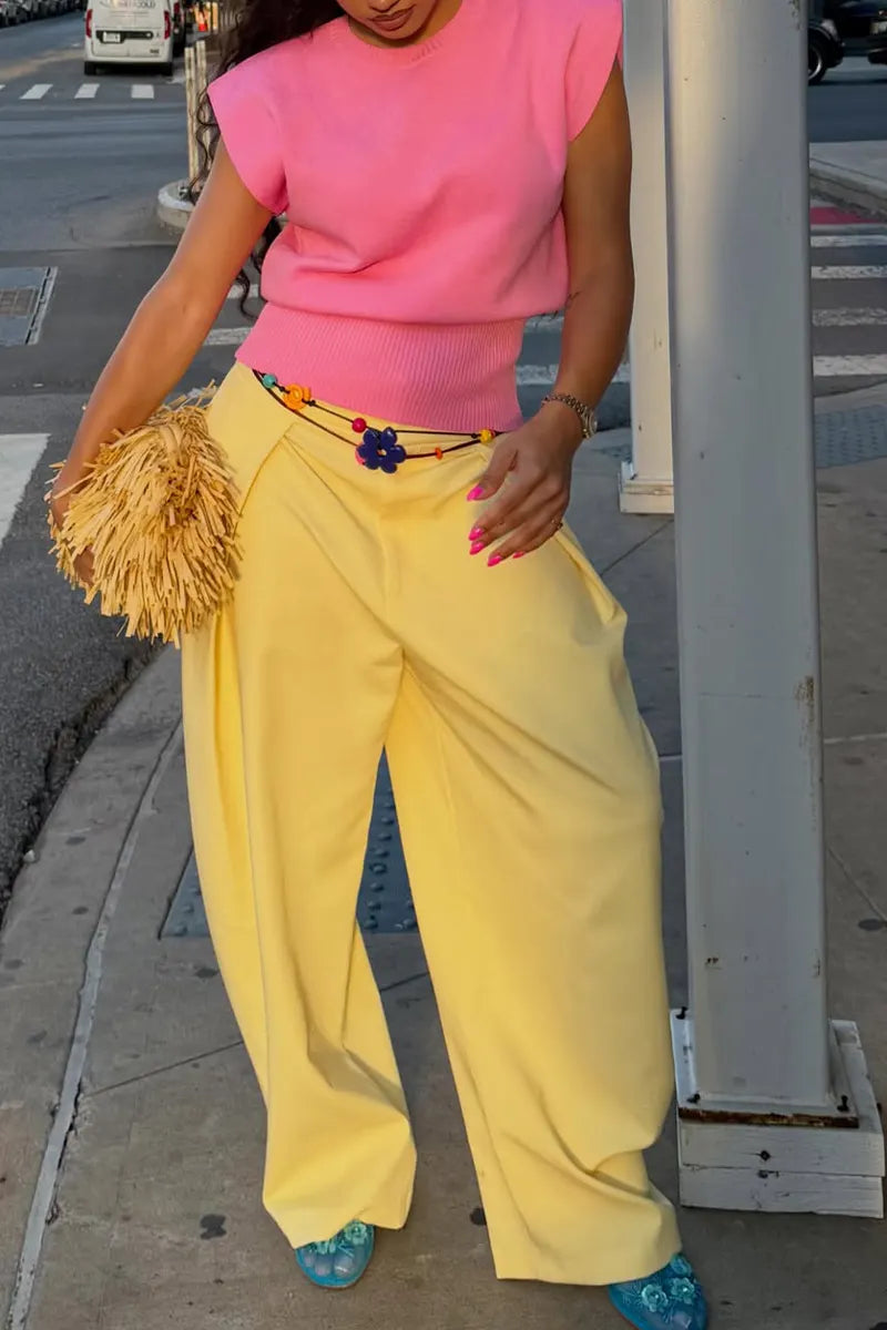 Women Round Neck Casual Top or Wide Leg Pants
