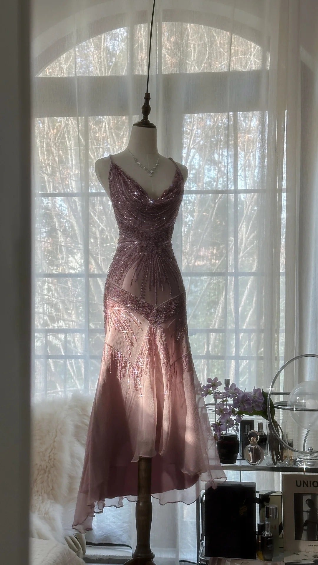Pink Purple Romantic Fashion Elegant Exquisite Beaded Spaetti Strap Long Tulle Chiffon Ruffle Ball Gown Evening Gown Party Dress 4059
