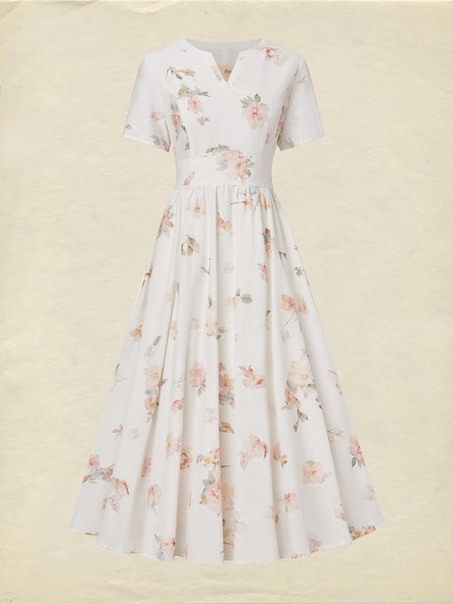 Midi Linen Dress, Short Sleeves, V Neck, Floral, Vintage, White