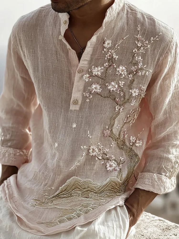 Men's Japanese Cherry Blossom And Mountain Casual Linen Shirt