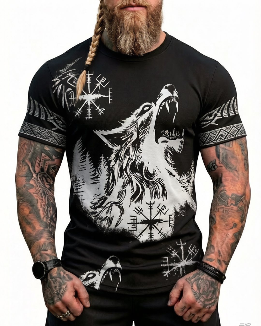 Men's Summer Viking Wolf Print Short-Sleeve T-Shirt 8195