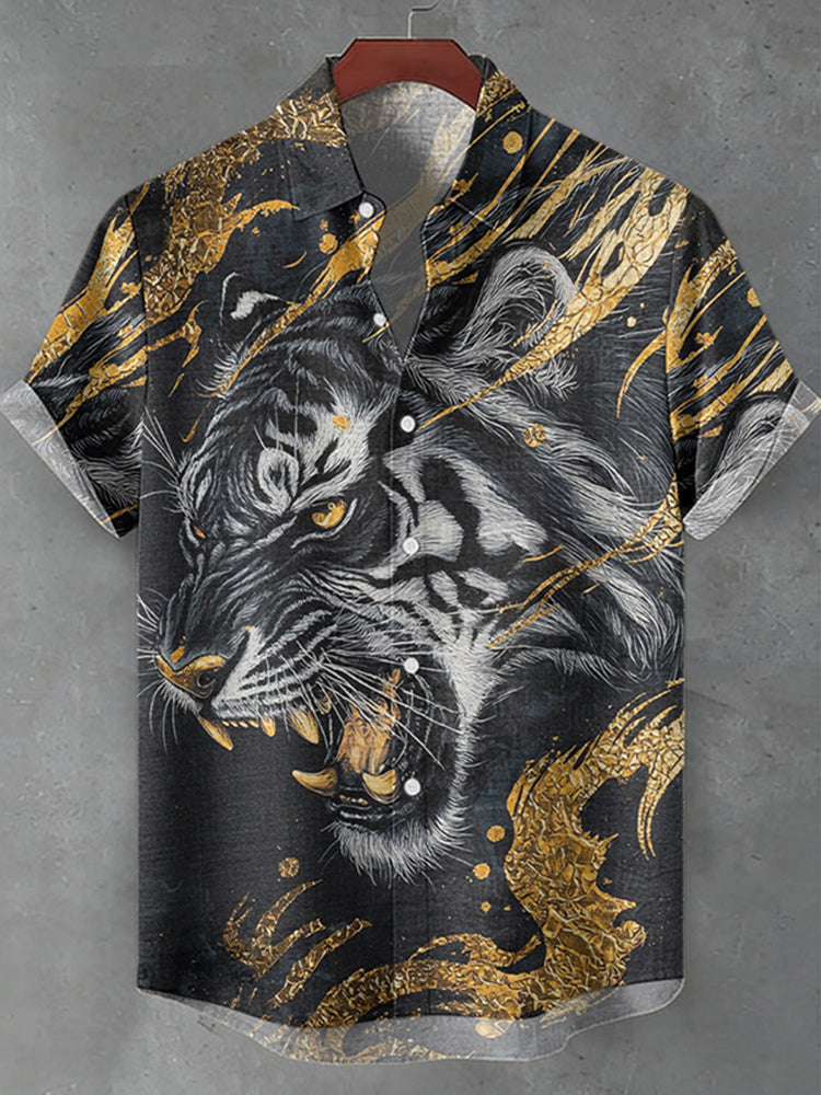Men's Vintage Tiger Art Print Short Sleeve Shirt