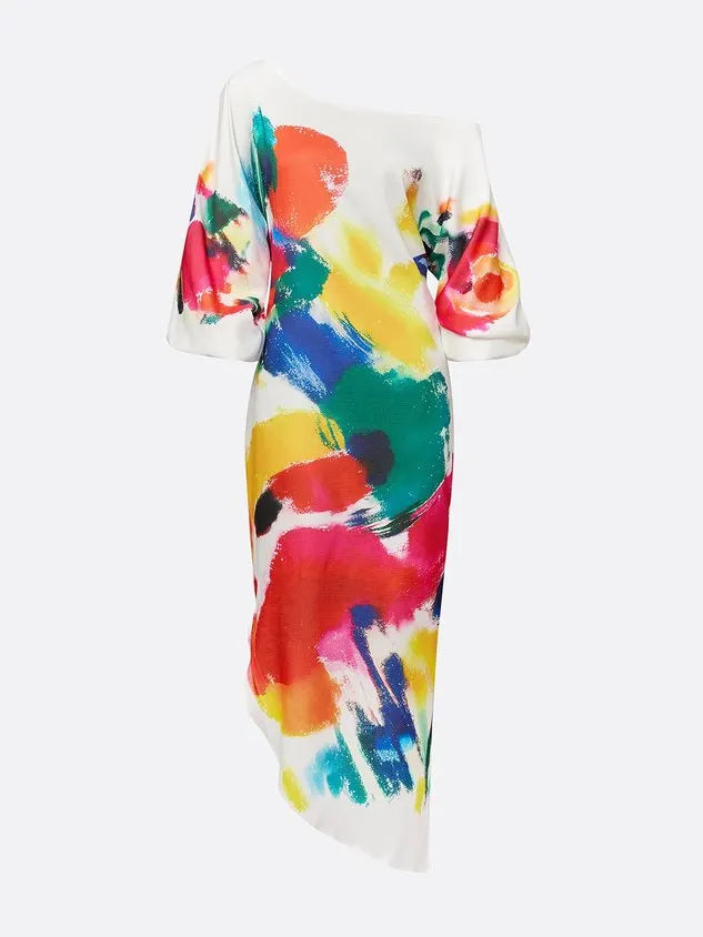 Casual Abstract Print H-Line Asymmetrical Maxi Dress With Belt