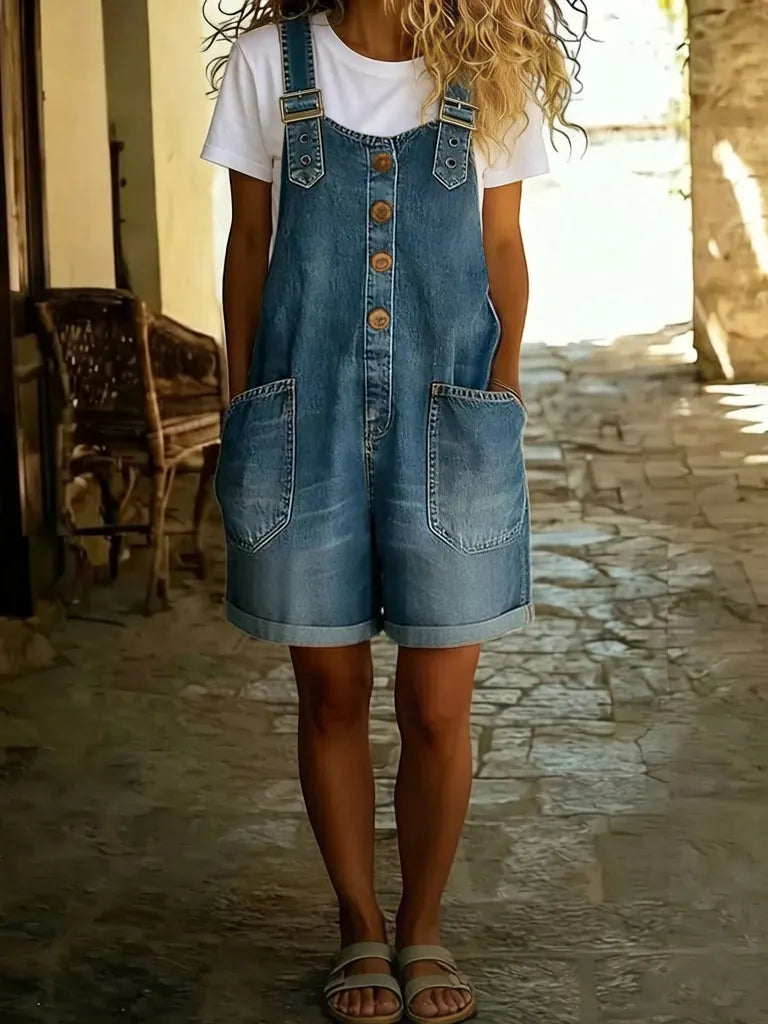 Women's Y2K Denim Shortalls Button Front Wide Leg Loose Bib Jean Overalls Shorts Romper Jumpsuits Vintage