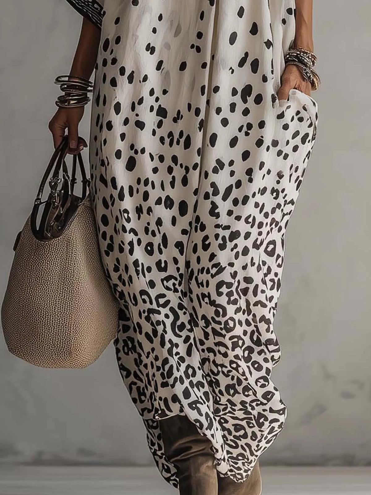 24-Hour-Shipping Light Gray Gradient Leopard Print Chiffon Maxi Dress