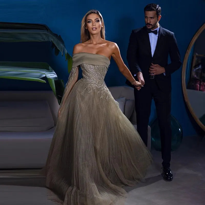 Dreamy Vow Olive Green Luxury Dubai Evening Dress with One Sleeve Beaded Arabic Women Formal Party Dresses for Wedding 330