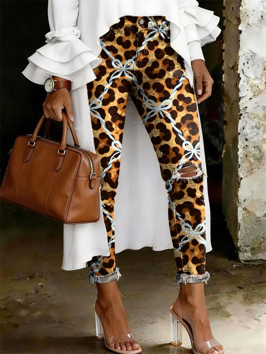 Women's Fashion Casual Leopard Print Art Print Ripped Skinny Jeans