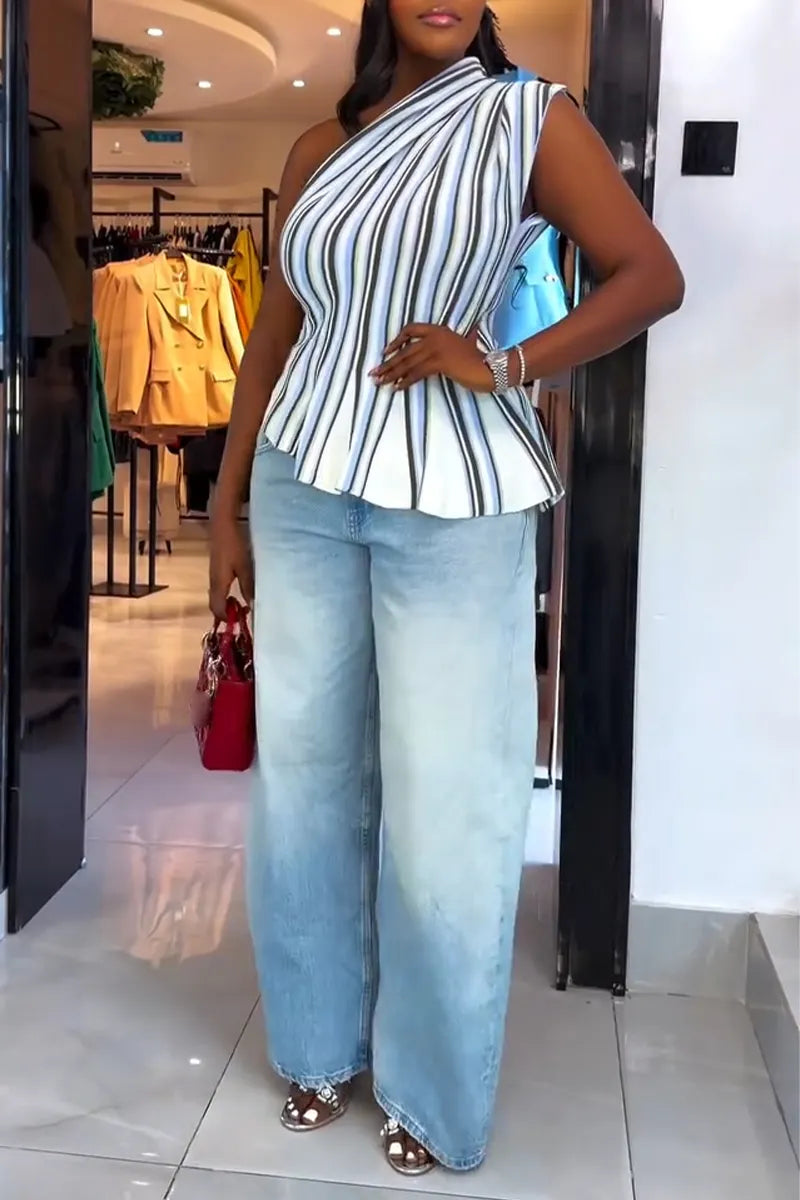 Womens One Shoulder Vertical Striped Top or Washed Wide Leg Jeans