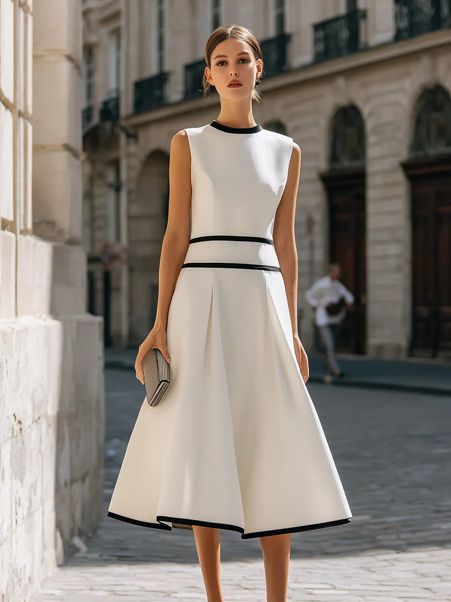 Structured Contrast Trim Sleeveless A-Line Maxi Dress