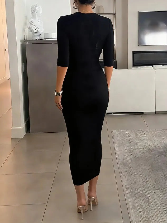 Elegant Solid Slim Fit Midi Dress