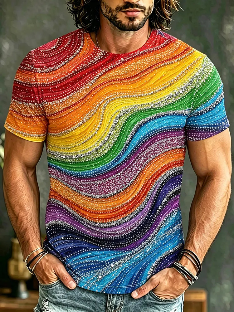 Men's Hippie Style Colorful Curved Lines And Rhinestone Art Patchwork Crewneck Top