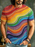 Men's Hippie Style Colorful Curved Lines And Rhinestone Art Patchwork Crewneck Top
