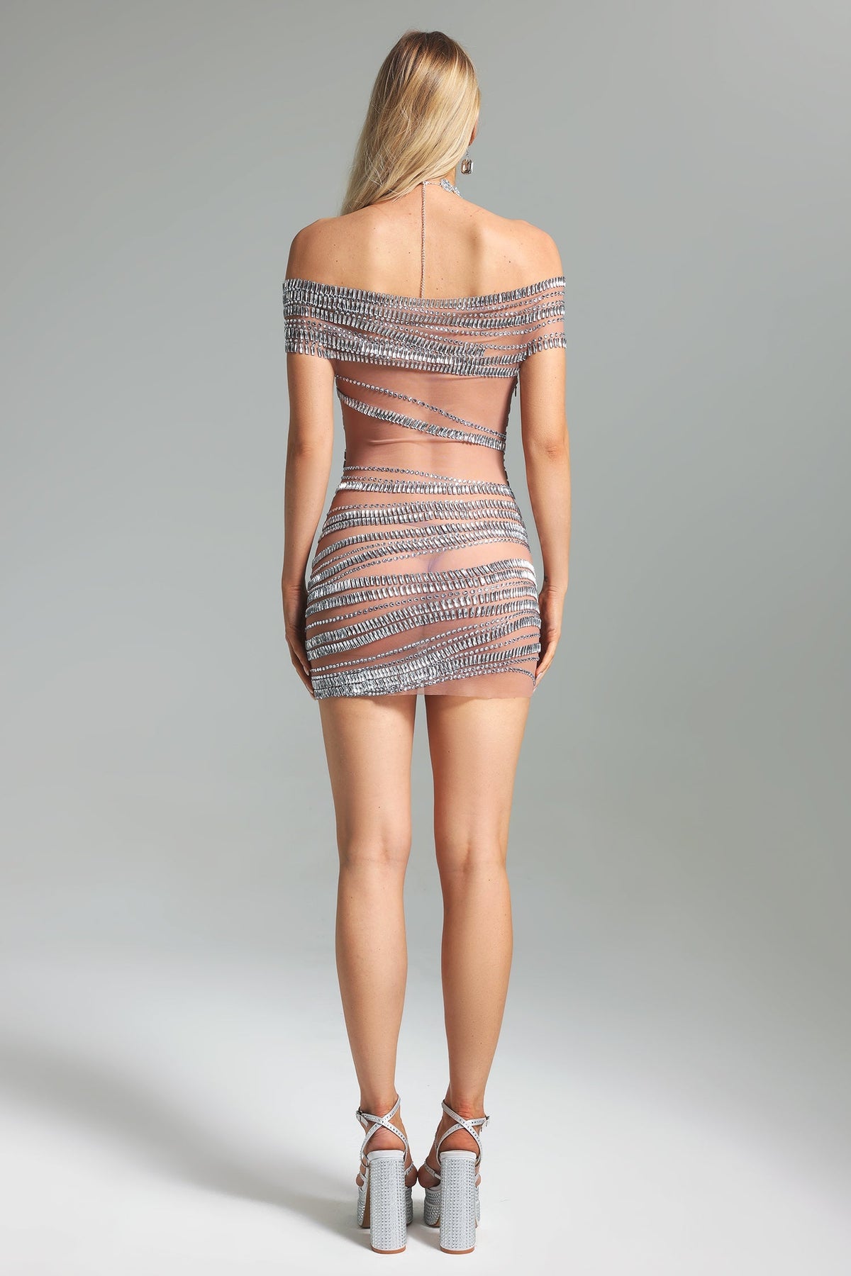 Deme Diamante Mesh Off Shoulder Mini Dress