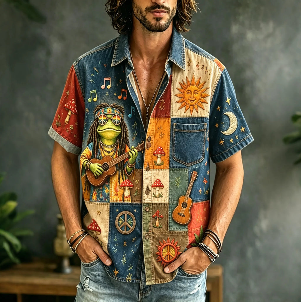 Men's Hippie Frog Patchwork Music And Peace Sign Cannabis Leaf Mushroom Sun Art Print Casual Shirt