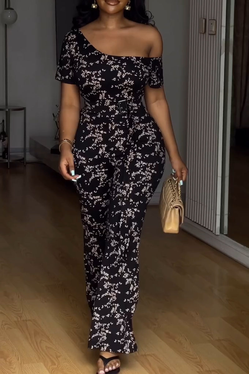 Women Diagonal Collar Printed Casual Jumpsuit