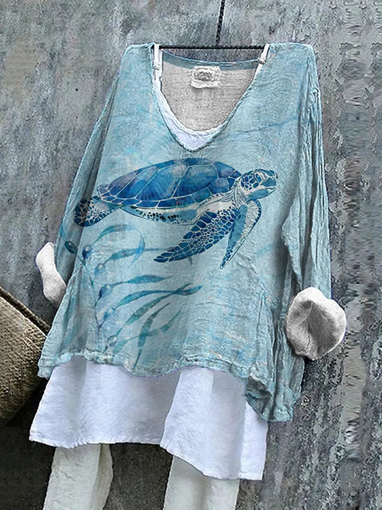 Vintage Ocean Turtle Art Print V-neck Shirt