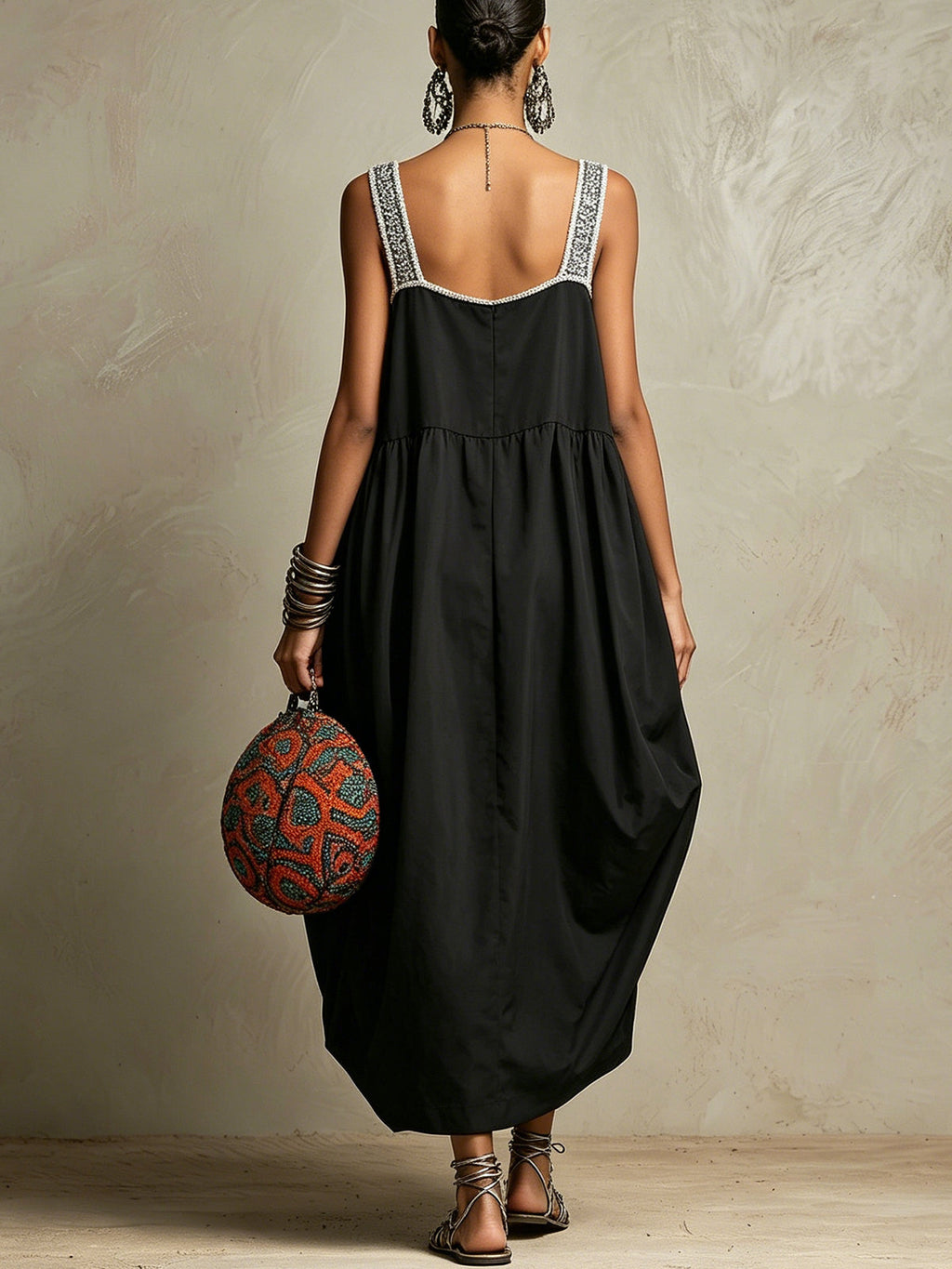 Black Sleeveless Maxi Dress With Silver Crochet Trim And Balloon Hem