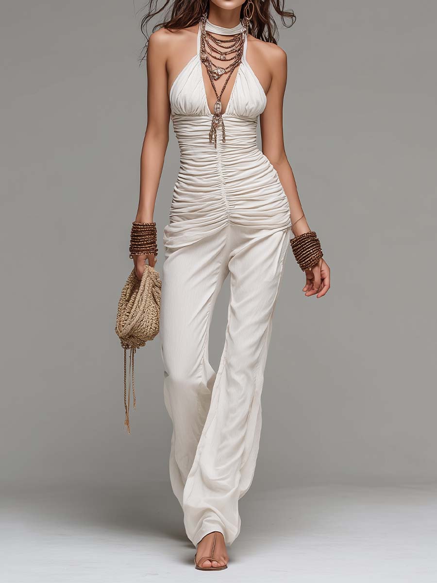Bohemian Halter Ruched Cotton-Blend Flare Jumpsuit