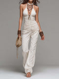 Bohemian Halter Ruched Cotton-Blend Flare Jumpsuit