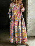 Women's Retro Multicolor Floral Art Splicing Long-sleeved Loose-fitting Casual Denim Dress