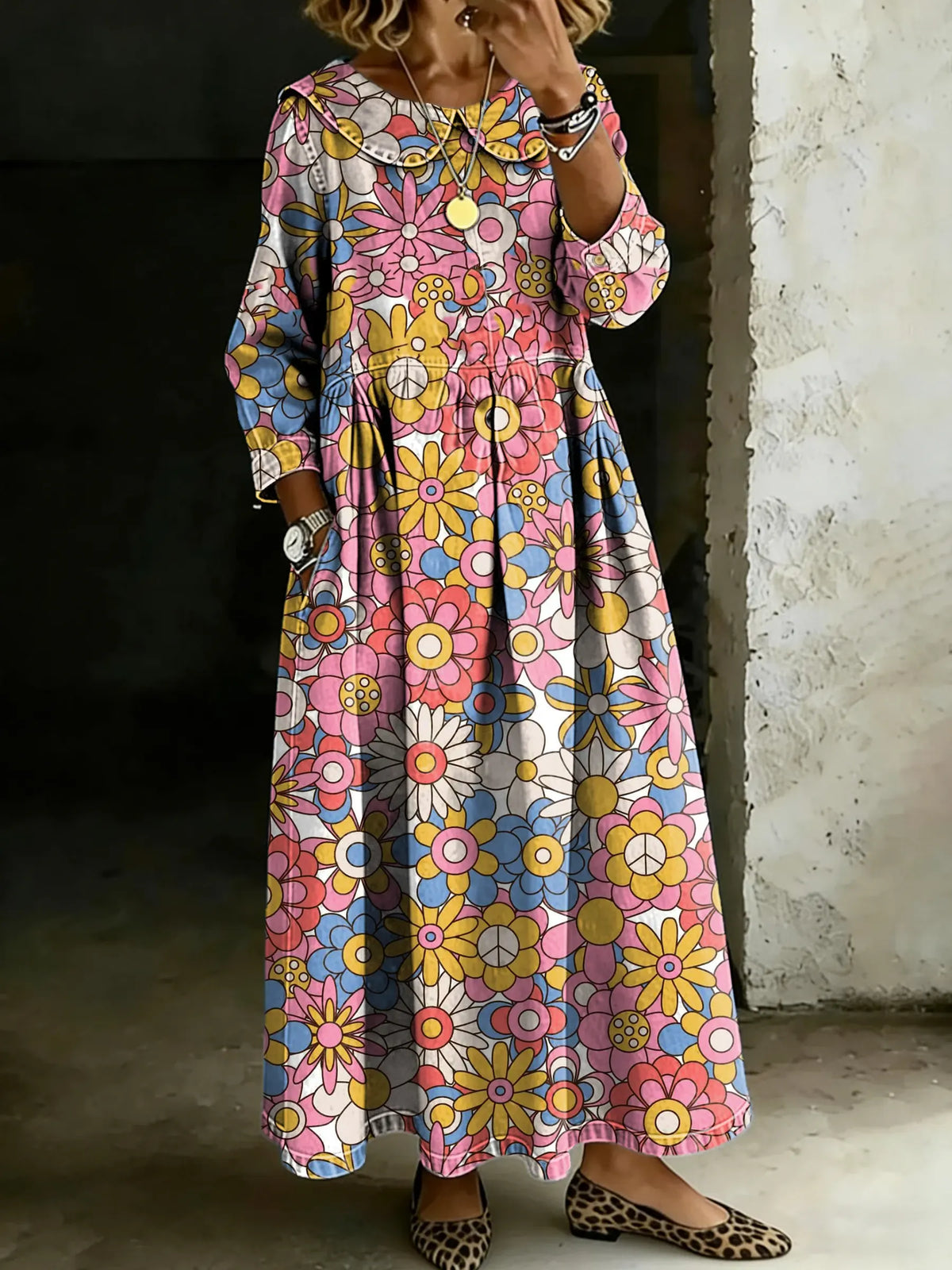 Women's Retro Multicolor Floral Art Splicing Long-sleeved Loose-fitting Casual Denim Dress