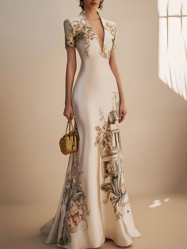 Beige Floral Satin Deep V Neck Short Sleeve Mermaid Gown Dress