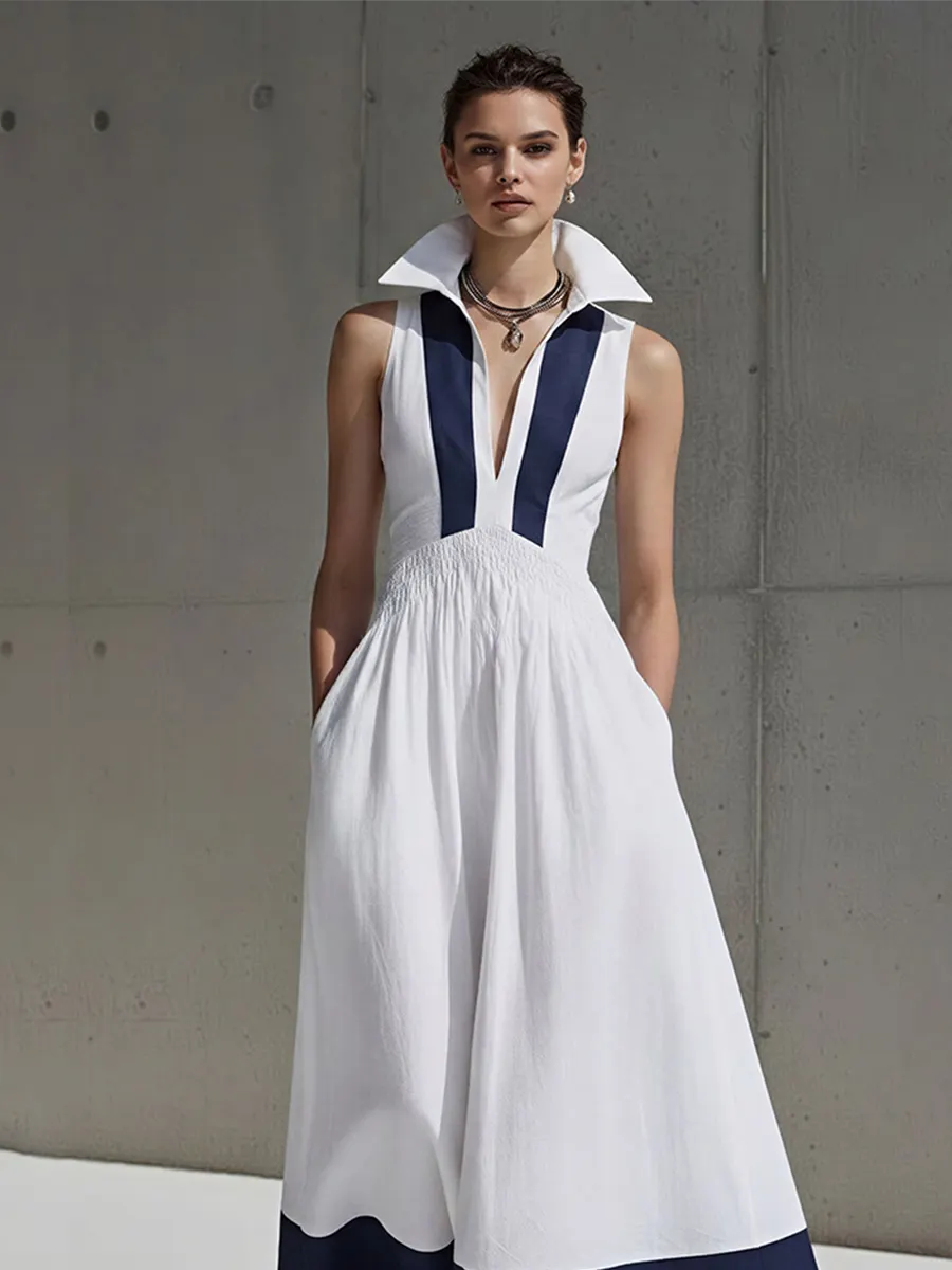 Women's White & Navy Linen-Blend Midi Dress With Collared Neck & Smocked Waist, Timeless Nautical-Chic Style Dress MDZ2071D1LYL