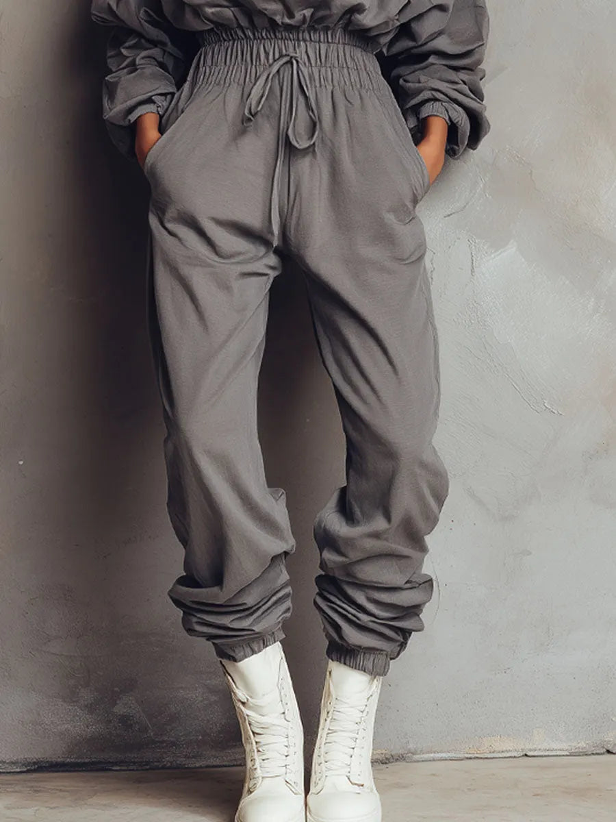 Loose Grey Hooded Long-sleeved Elastic Waist Sports Jumpsuit