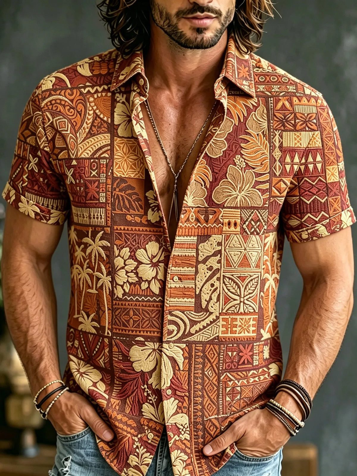 Men's Retro Bohemian Hippie Resort Style Floral Print Short-sleeve Shirt