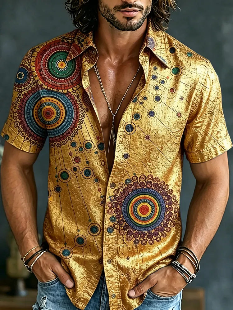 Men's Retro Hippie Tribal Pattern Short-sleeve Cotton Linen Shirt