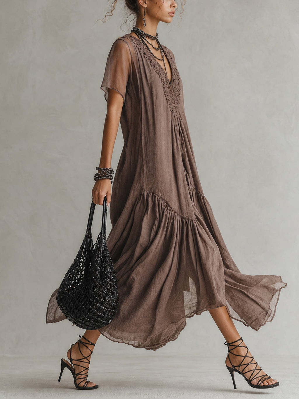Taupe Linen Short Sleeve Maxi Dress