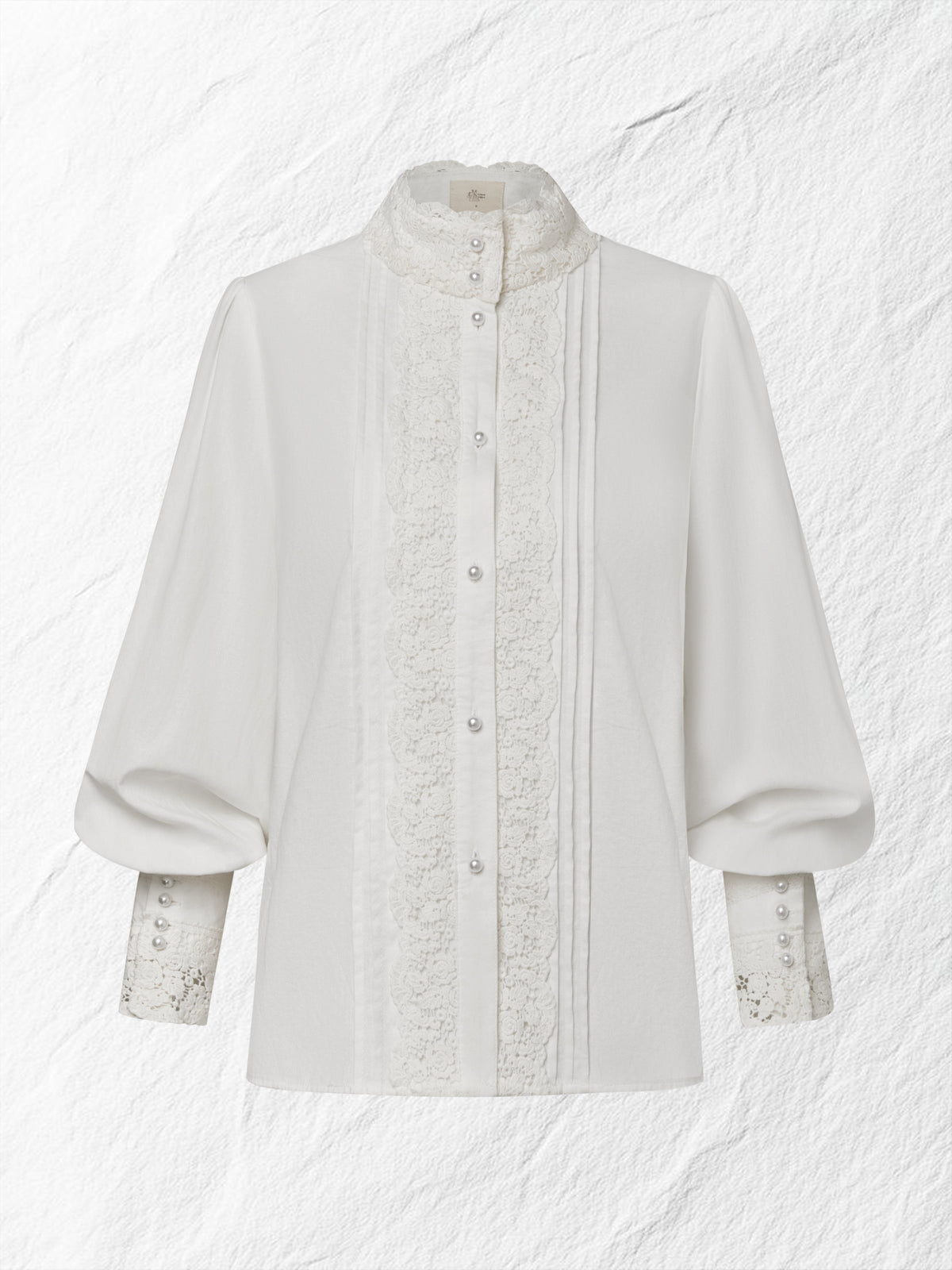Linen Shirt, Long Sleeves, Stand Collar, Plain, Lace, Vintage, Ivory