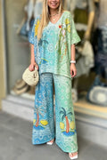 Women V-neck Gradient Printed Loose Casual Suit