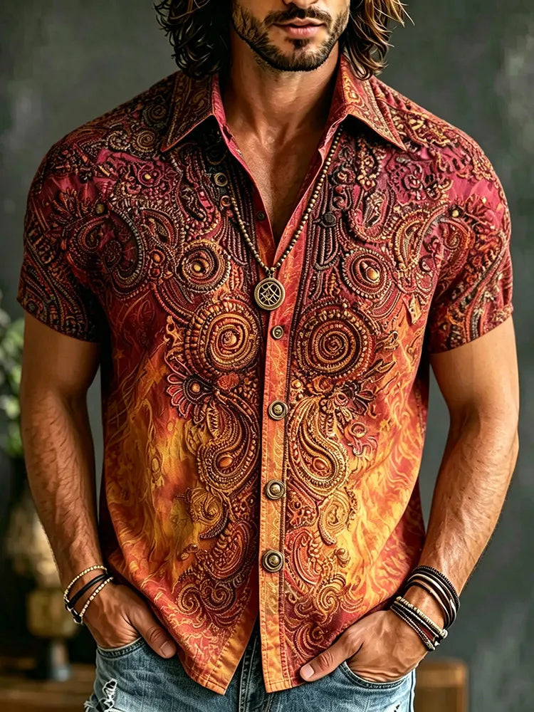 Men Retro Paisley Textured Embroidery Button Up Shirt, Bohemian Western Cowboy Short Sleeve Summer Travel Top