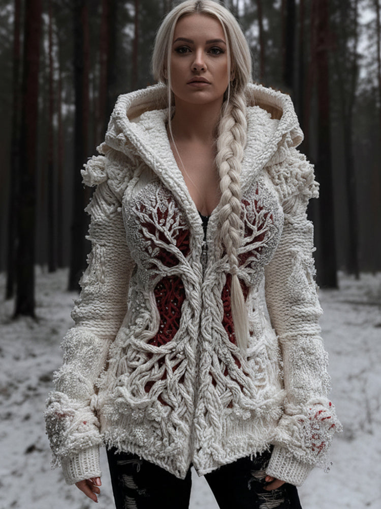 Women's Viking Tree Of Life Cable Knit Zip-up Hooded Sweater