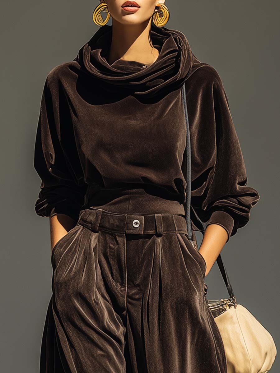 Vintage Sophisticated Casual Brown Velvet Hoodie And Loose Pants Set