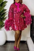 Women's Fashion Party Sequin Feather Cuff Trim Mini Dress