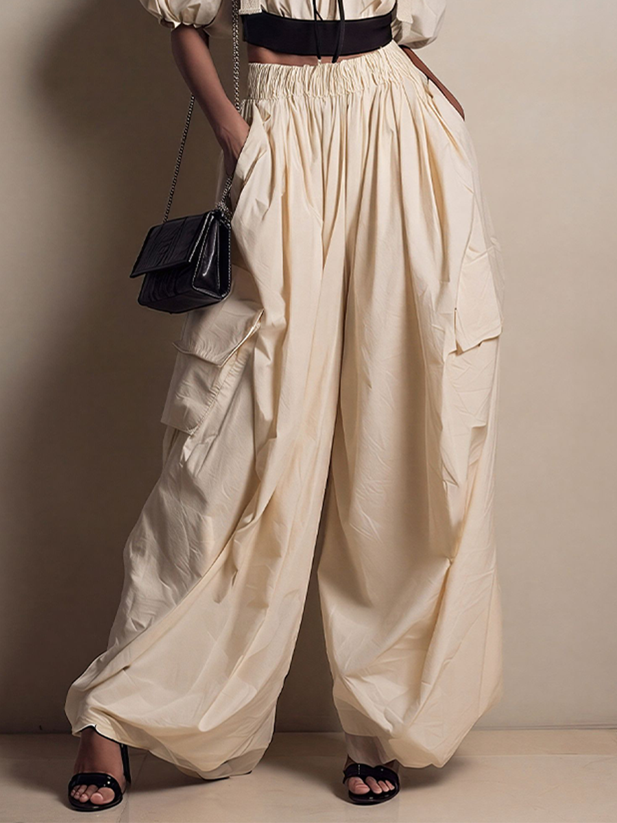 Women's Cream Cotton-Blend Wide-Leg Cargo Pants With Elastic Waist & Pockets, Timeless Utility-Chic Trousers MDZ2542D6LYL