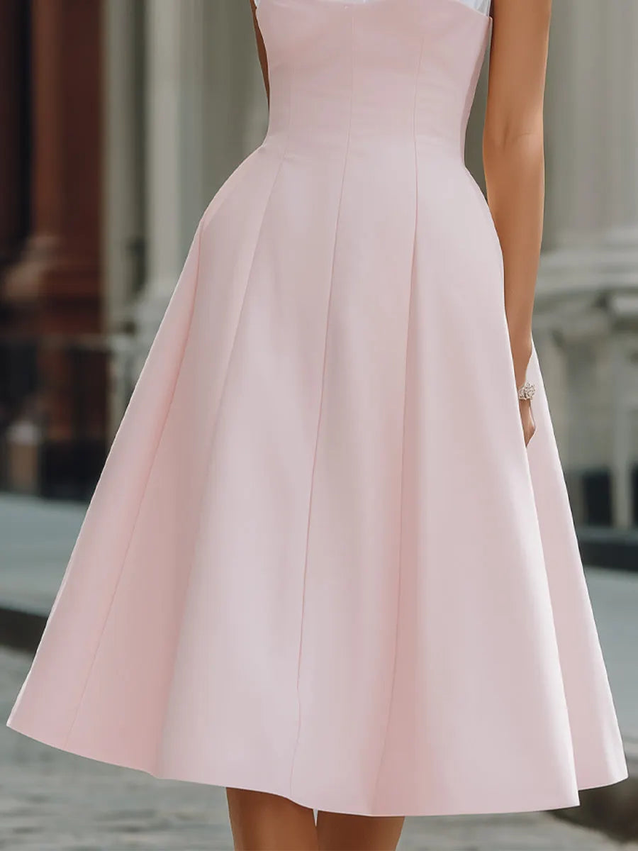 Structured Shirt-Collar Contrast Panel A-Line Midi Dress