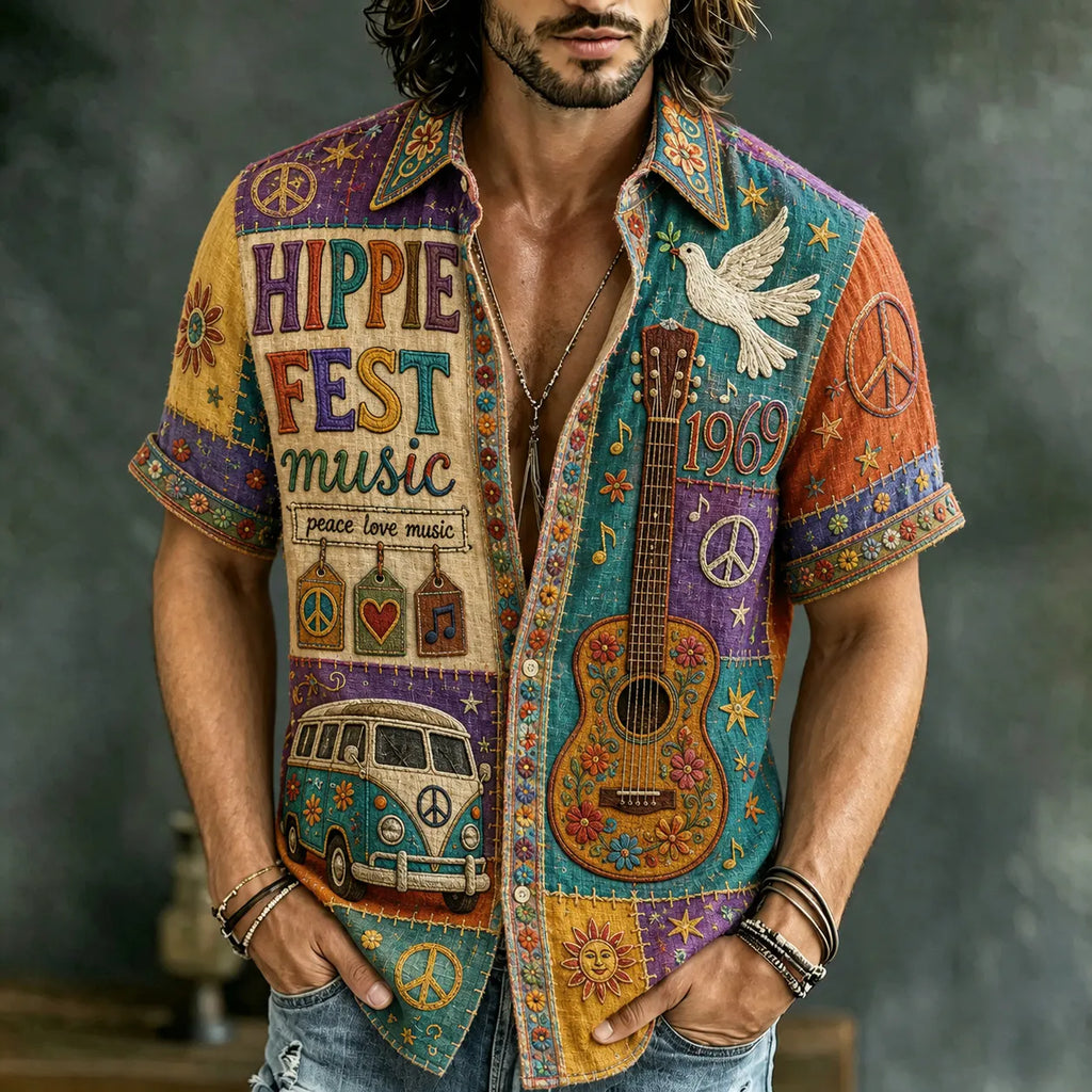 Men's Retro Bohemian Hippie Style Floral Patchwork Print Short-sleeve Shirt