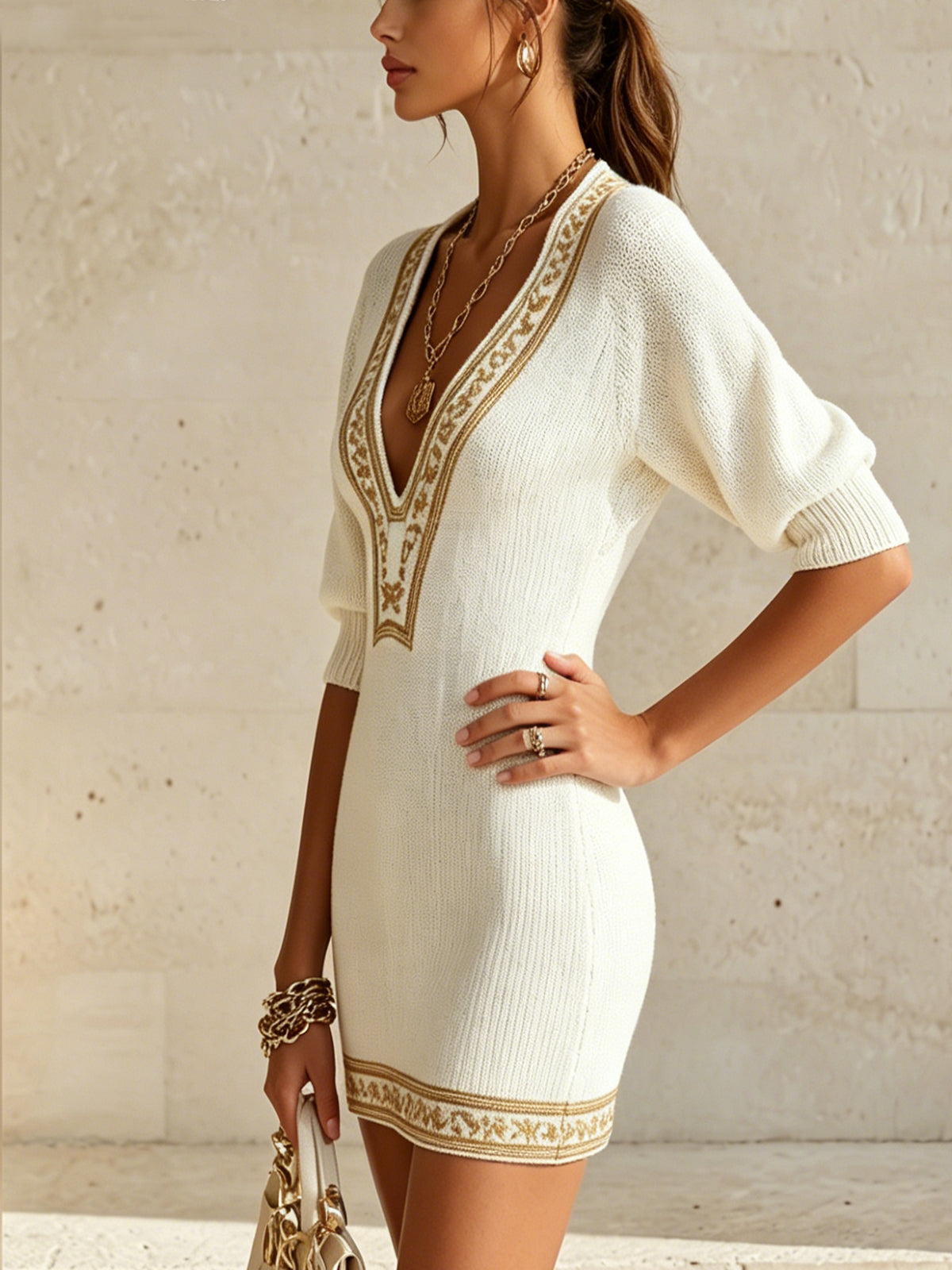 Ivory Knit Mini Dress With Gold Trim And Deep V-Neck
