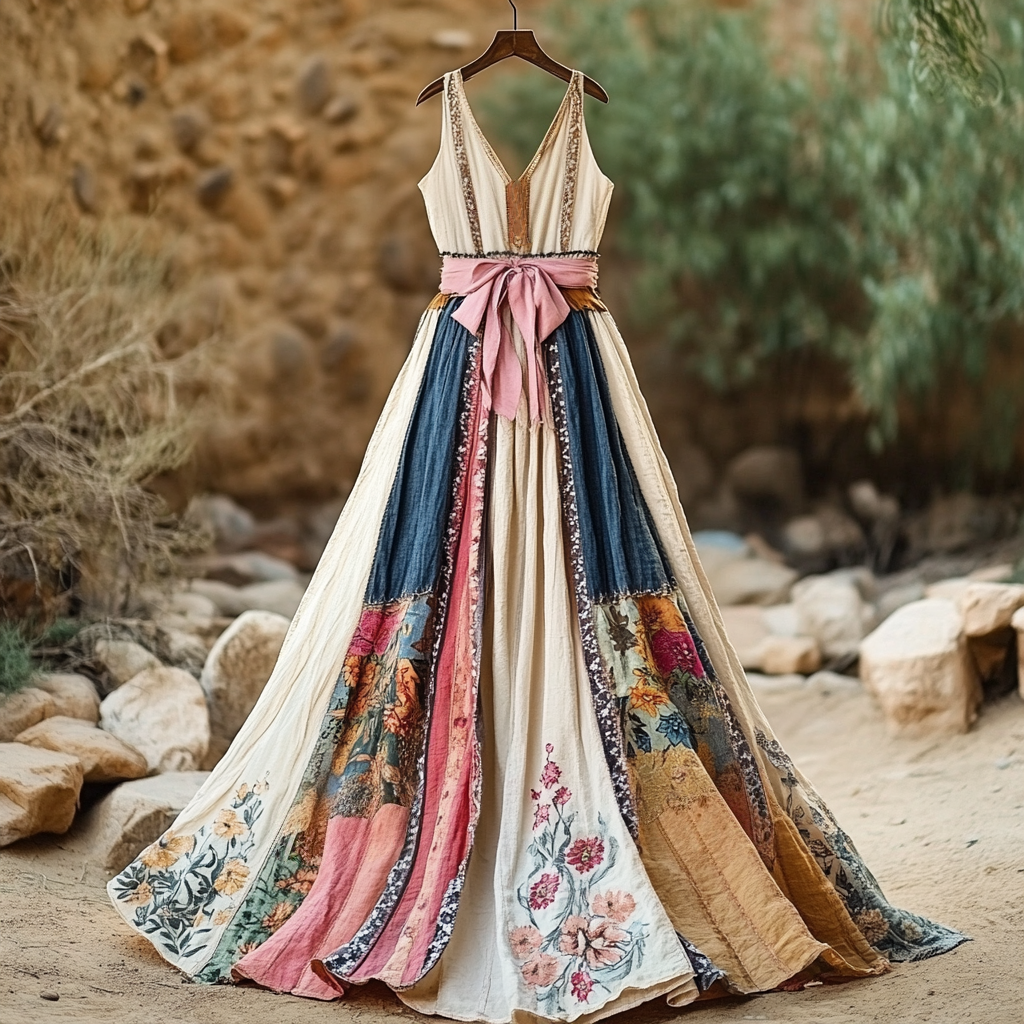Women's Vintage Floral Art Linen Dress
