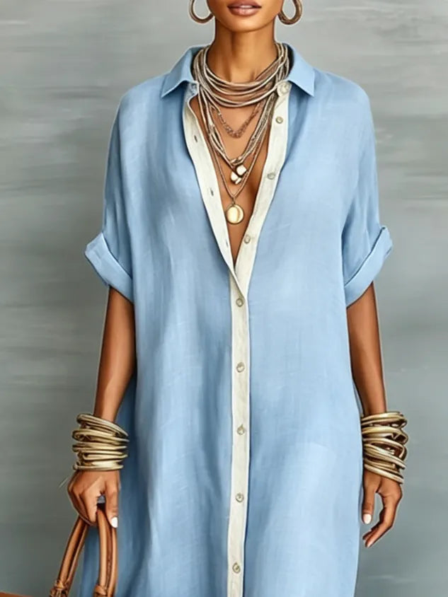 Casual Colorblock Relaxed Maxi Shirt Dress