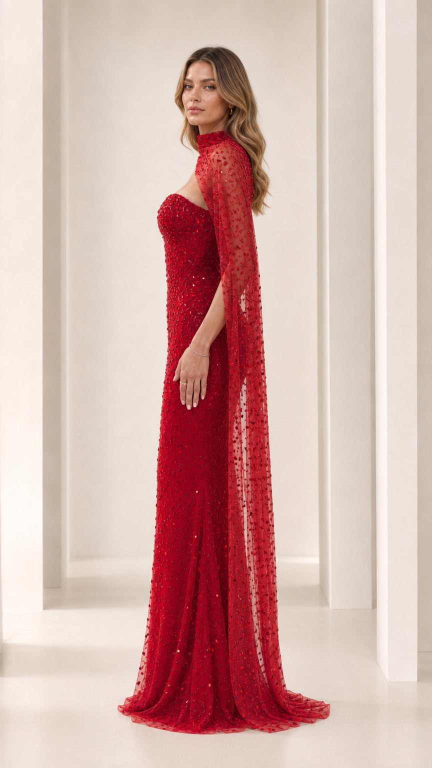 Sequined Beaded Sweetheart Evening Gown with Asymmetric Cape Drape